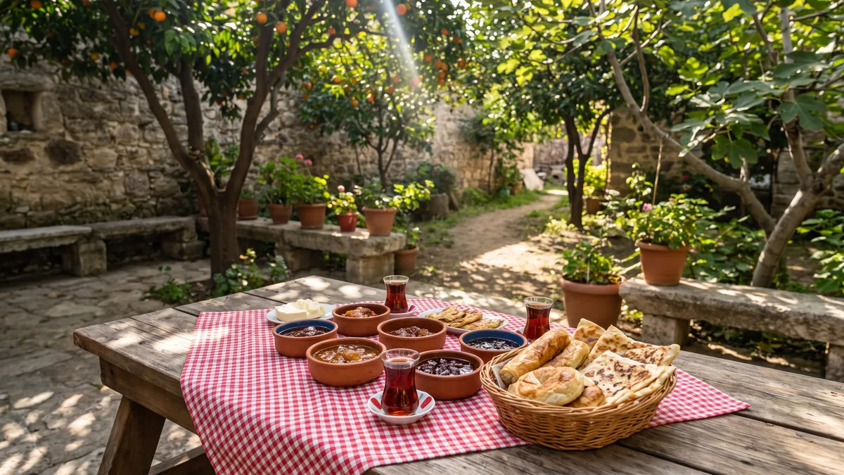 Bodrum'da bahçede ağaç altında köy kahvaltısı