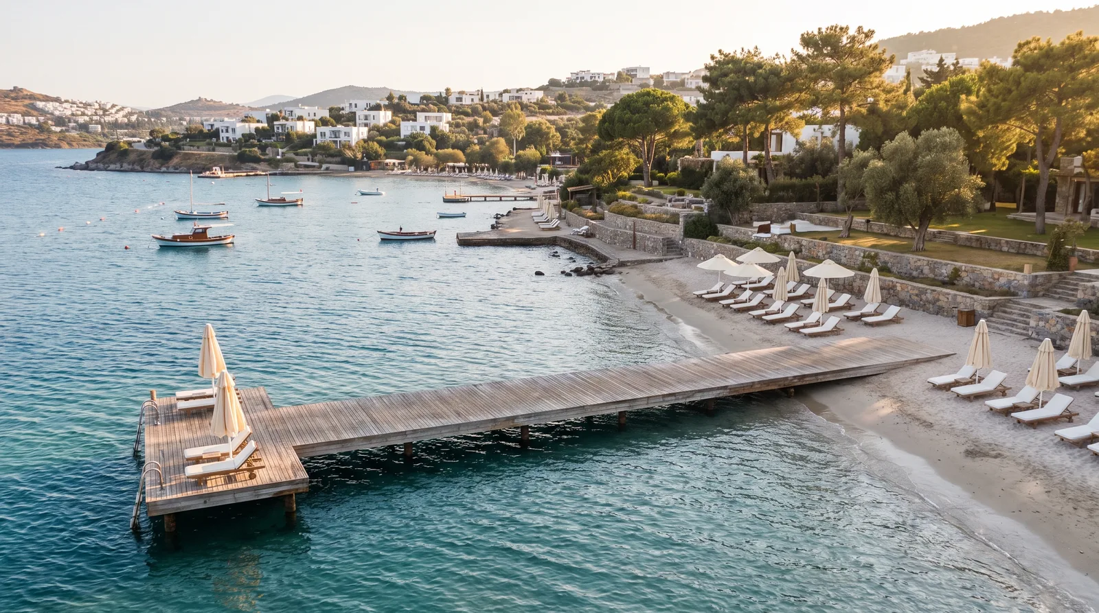Ein Holzsteg, Sonnenliegen und ein türkisfarbenes Meer in einer Bucht in Bodrum