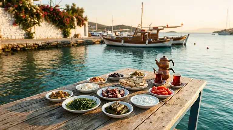 Bodrum restoranları - deniz kenarında Ege meze sofrası ve Türk çayı